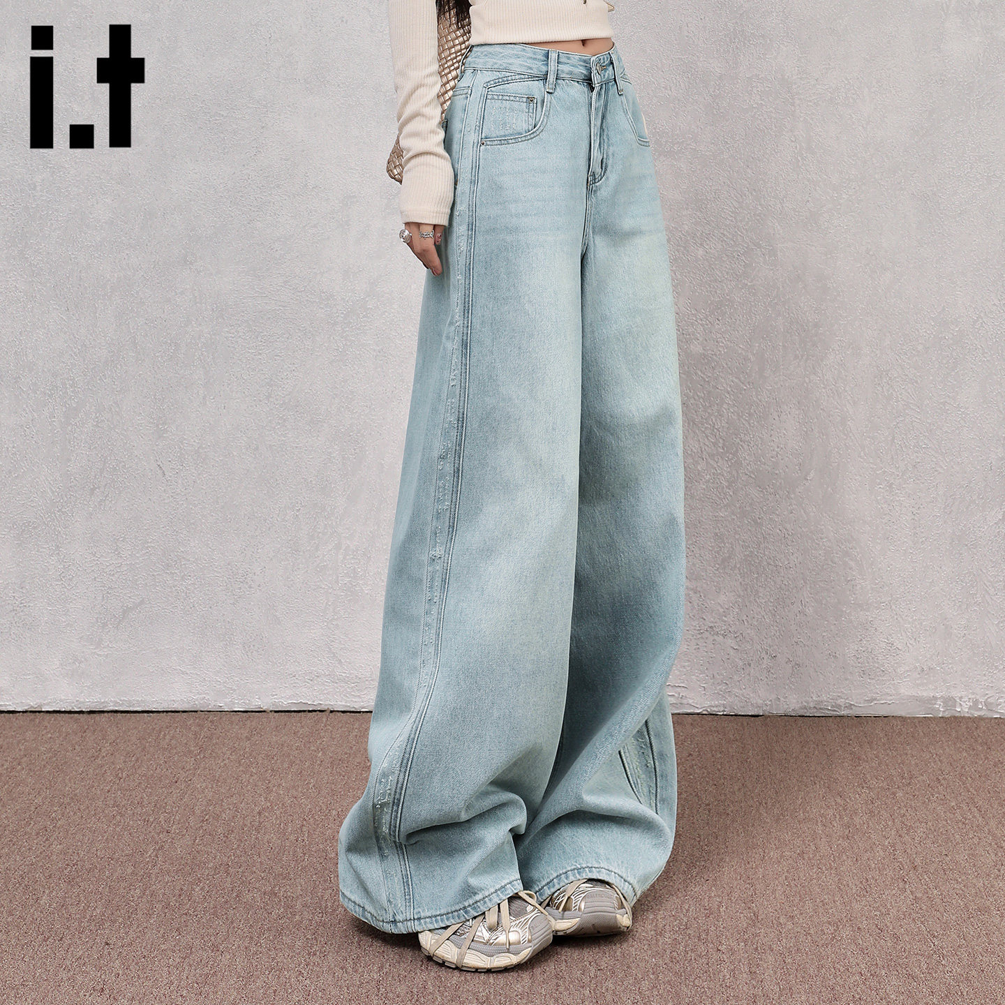 it :5cm/FIVECM水洗浅色磨破阔腿牛仔裤女2026新款春秋季宽松长裤