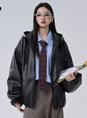 it :5cm/FIVECM黑色连帽皮衣外套男女2025秋季新款宽松开衫夹克潮