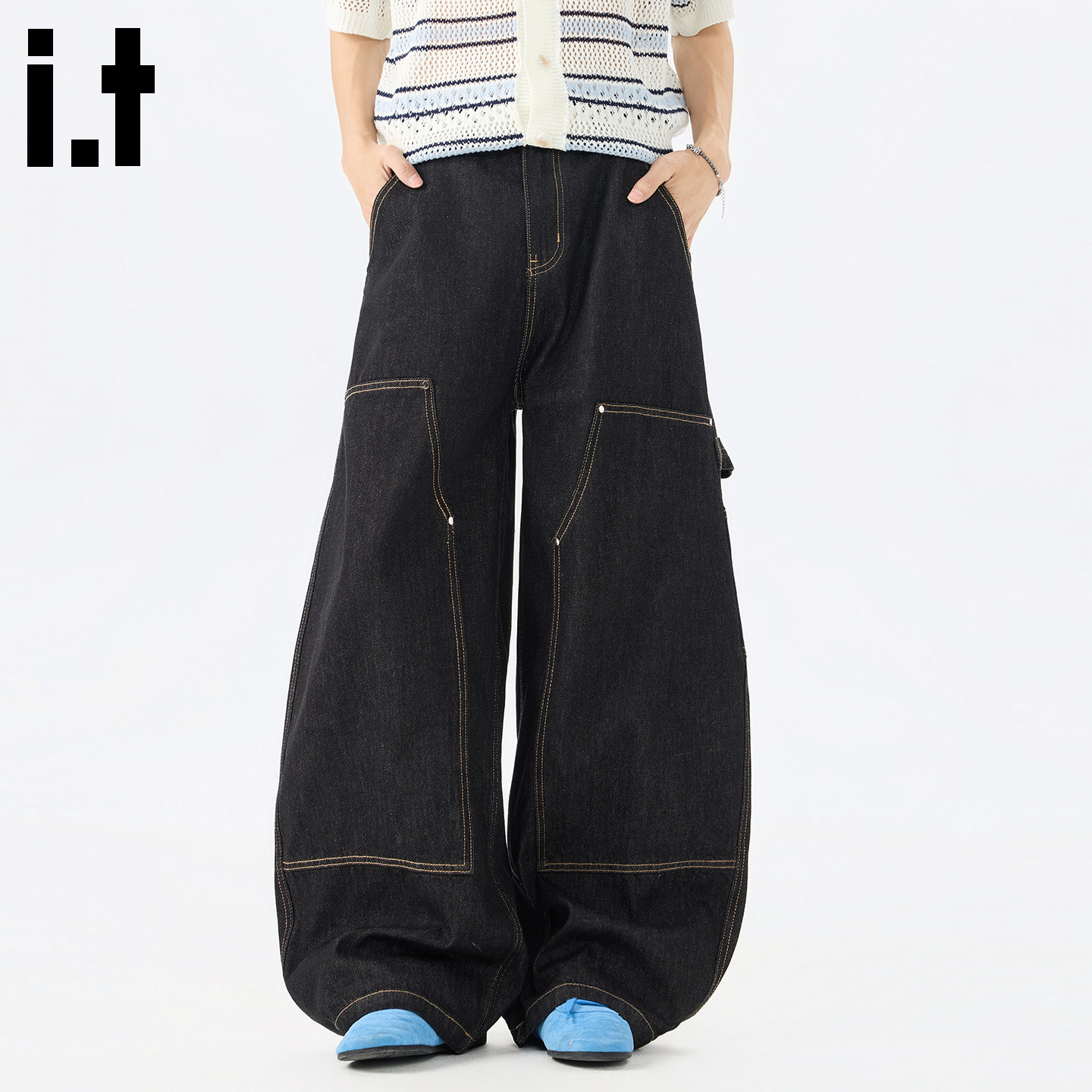 it:5cm/FIVECM明线拼接伐木工装牛仔裤男款美式复古宽松弯刀裤子B