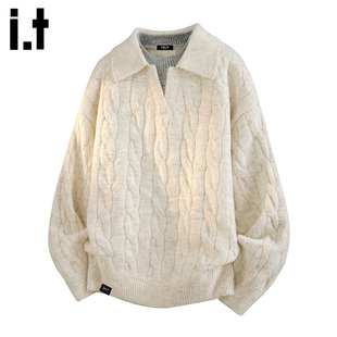 it :5cm/FIVECM翻领麻花套头毛衣男秋冬新款慵懒风V领针织衫上衣