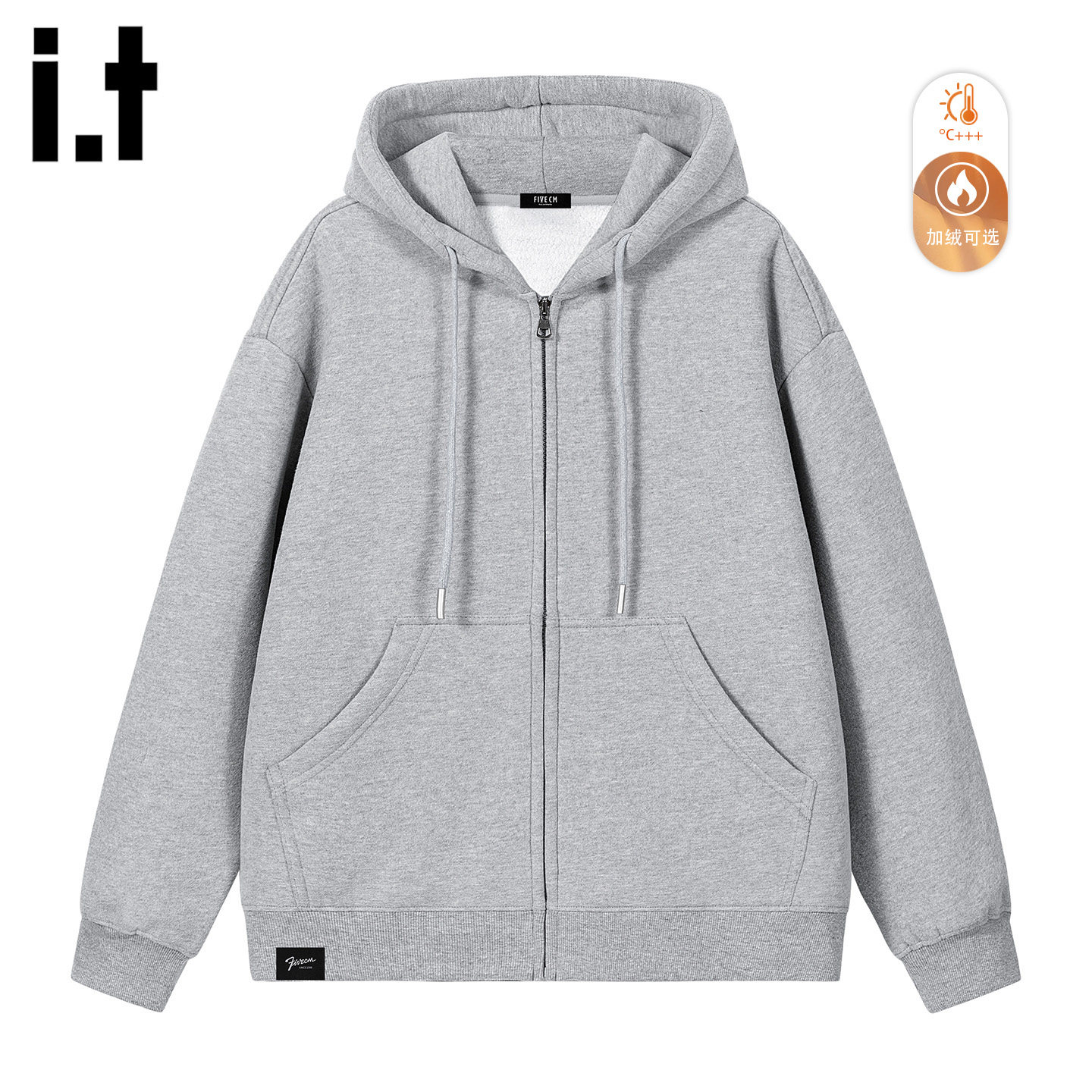 it :5cm/FIVECM潮牌灰色连帽卫衣男2025秋冬加绒休闲拉链外套宽松
