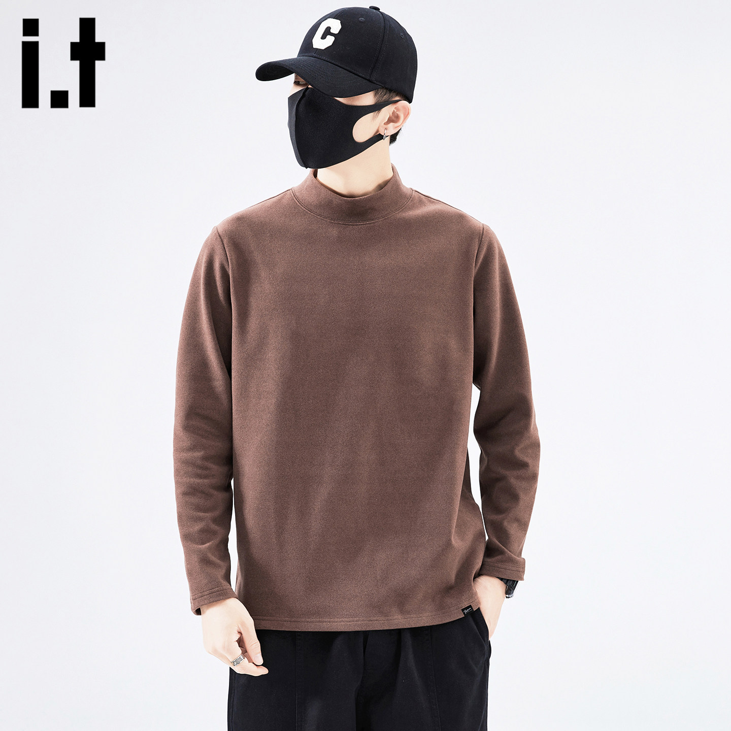 it美式宽松德绒高领长袖T恤男