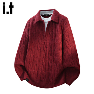 it :5cm/FIVECM男士红色毛衣假两件设计秋冬宽松休闲百搭翻领外套