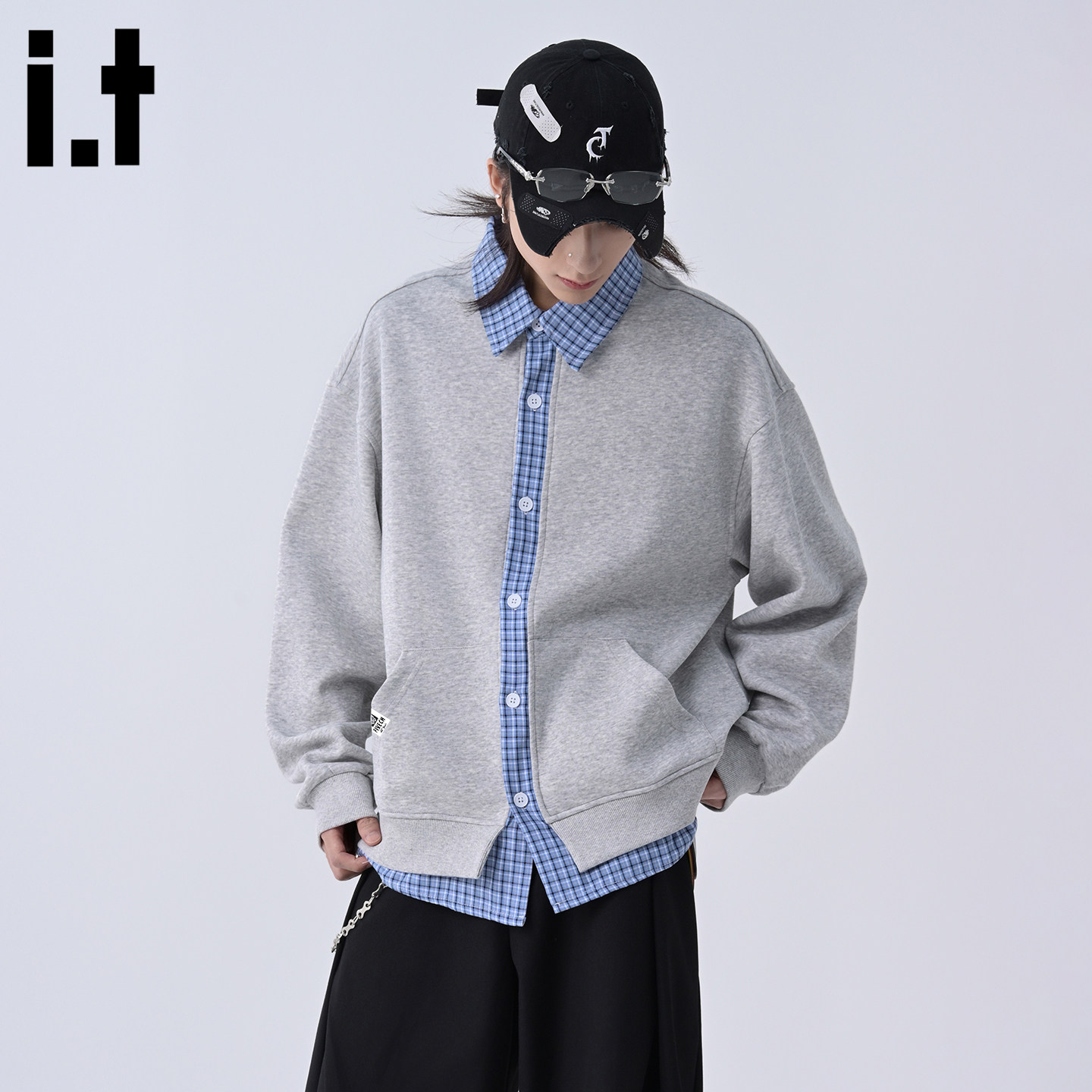 it :5cm/FIVECM灰色拼接衬衫领长袖开衫卫衣外套男款2025秋季上衣