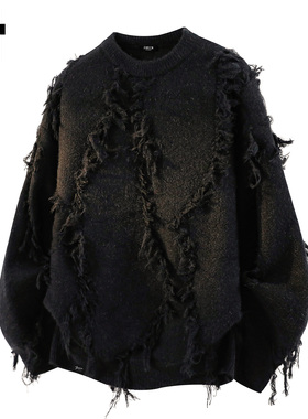 it :5cm/FIVECM黑色流苏圆领套头毛衣男款2025秋冬季宽松针织上衣