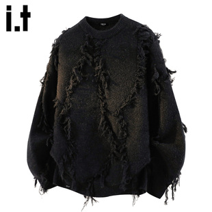 2025秋冬季 FIVECM黑色流苏圆领套头毛衣男款 宽松针织上衣 5cm