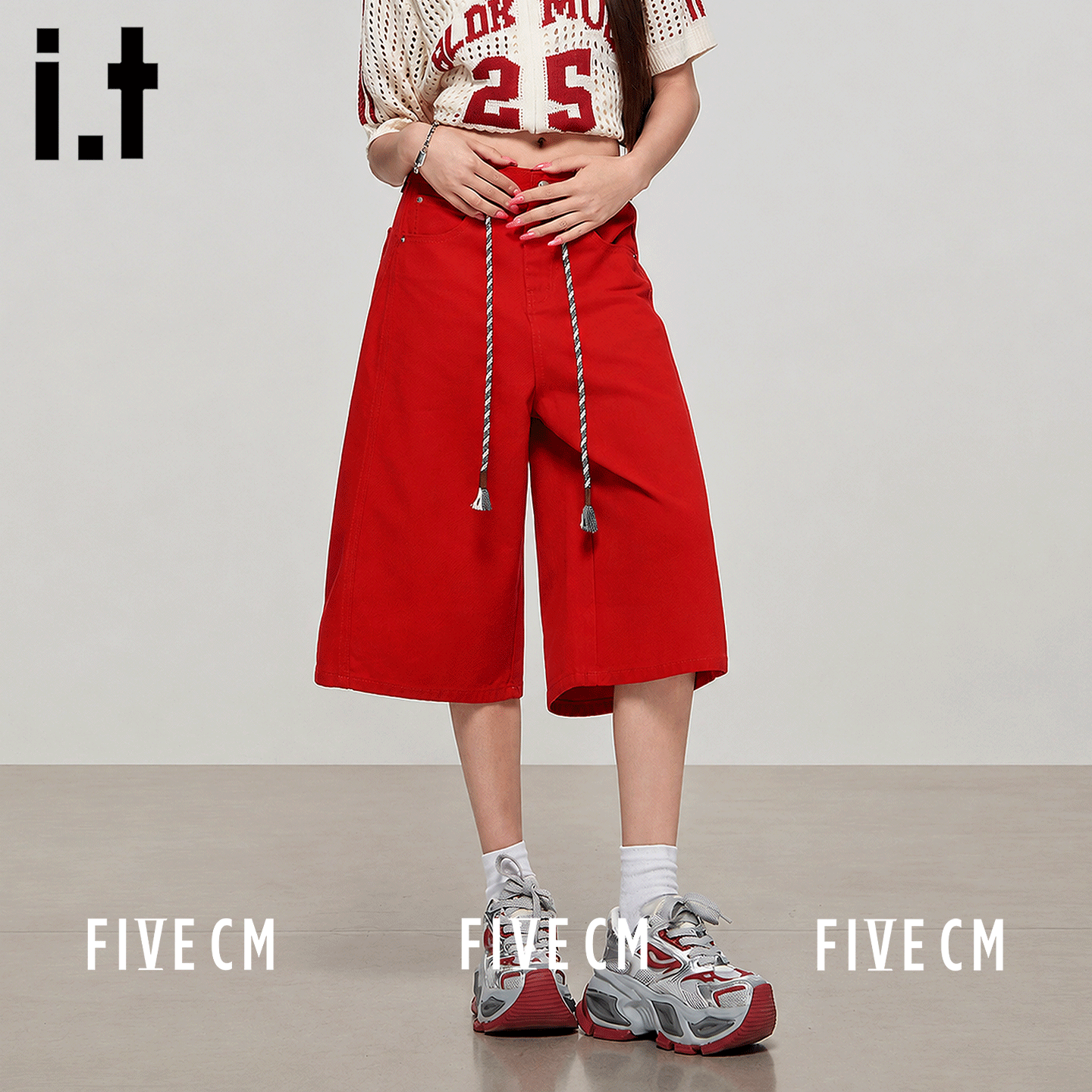 itFIVECM红色牛仔七分裤女夏季