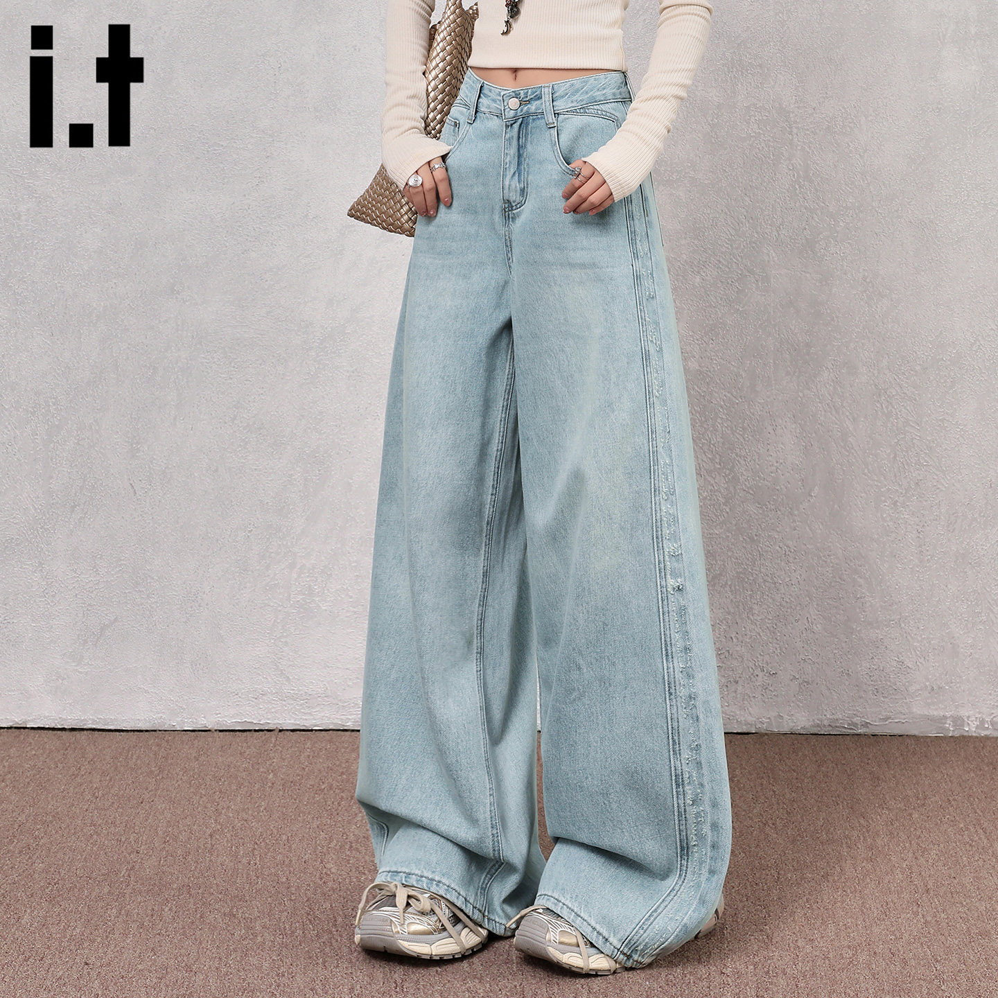 it :5cm/FIVECM春季垂感直筒阔腿牛仔裤高腰宽松显瘦男女款拖地裤