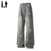 5cm FIVECM秋冬直筒长裤 水洗复古星星印花破洞高街男士 牛仔裤