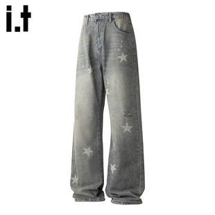 it :5cm/FIVECM秋冬直筒长裤水洗复古星星印花破洞高街男士牛仔裤