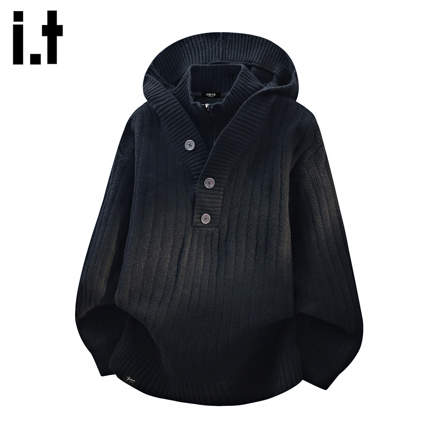 it :5cm/FIVECM黑色高领假两件针织衫连帽慵懒高级百搭毛衣外套男