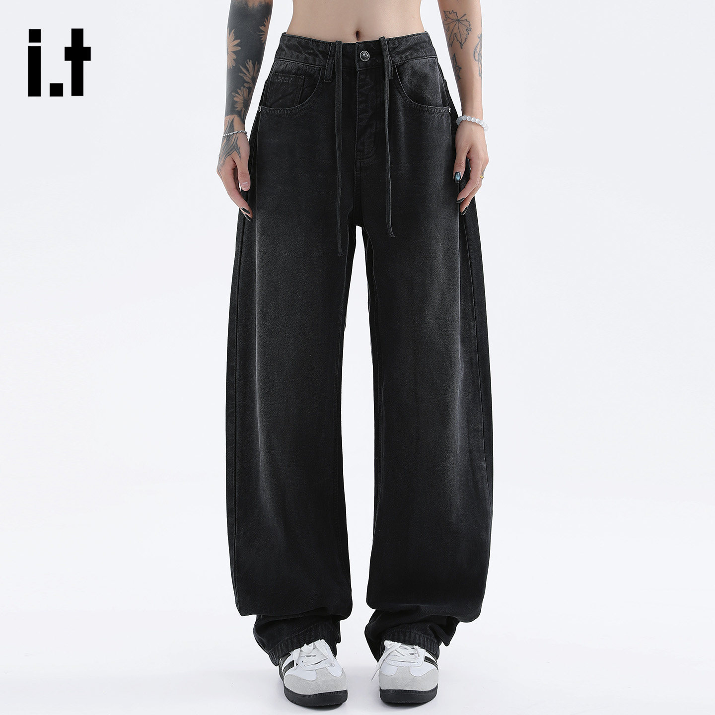 it :5cm/FIVECM黑色宽松小脚弯刀牛仔裤男女2026春夏新款阔腿长裤