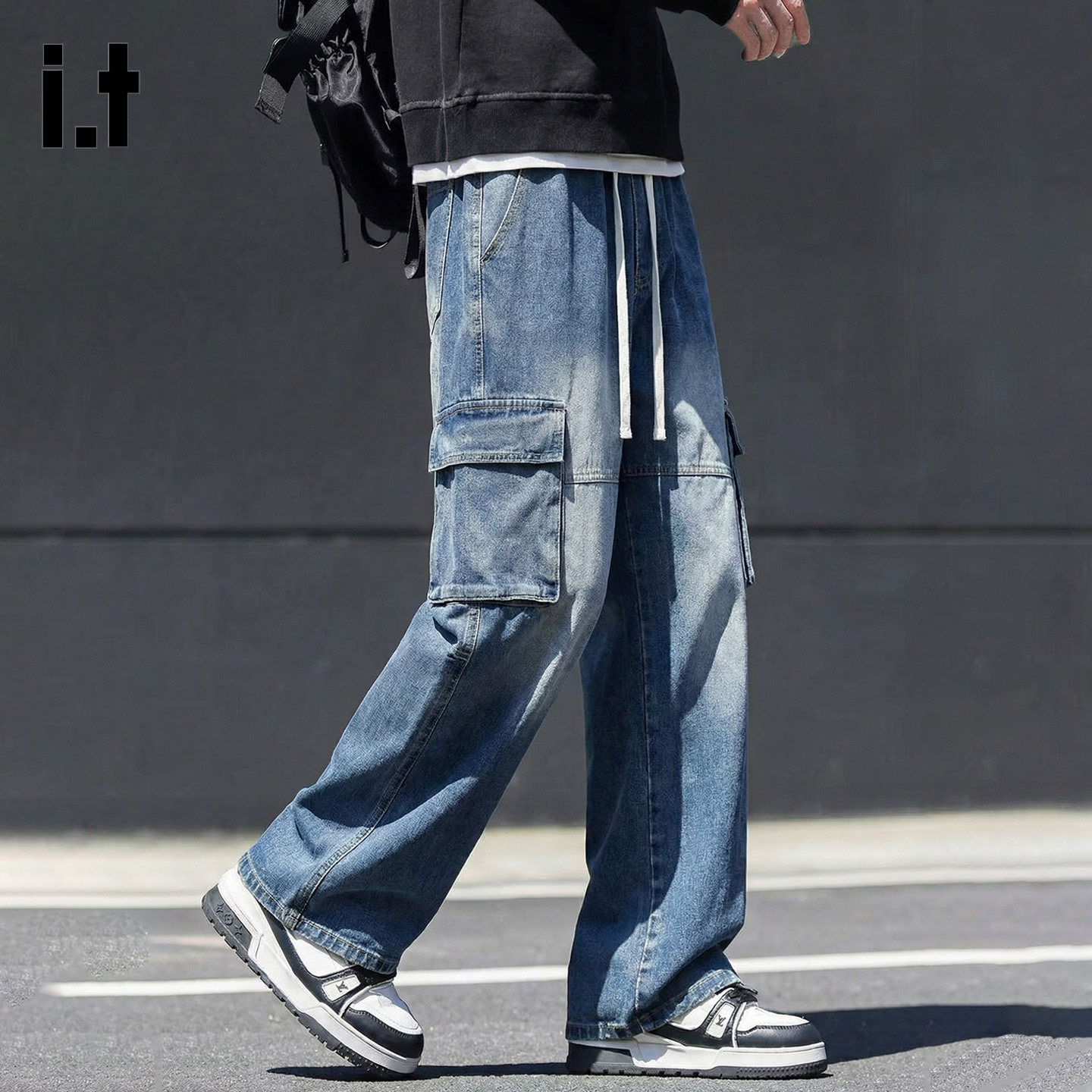 it :5cm/FIVECM蓝色牛仔裤男士春秋直筒百搭阔腿拼接系绳阔腿长裤