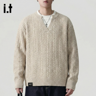 it :5cm/FIVECM美式复古编织麻花开衫立领毛衣情侣宽松针织衫外套