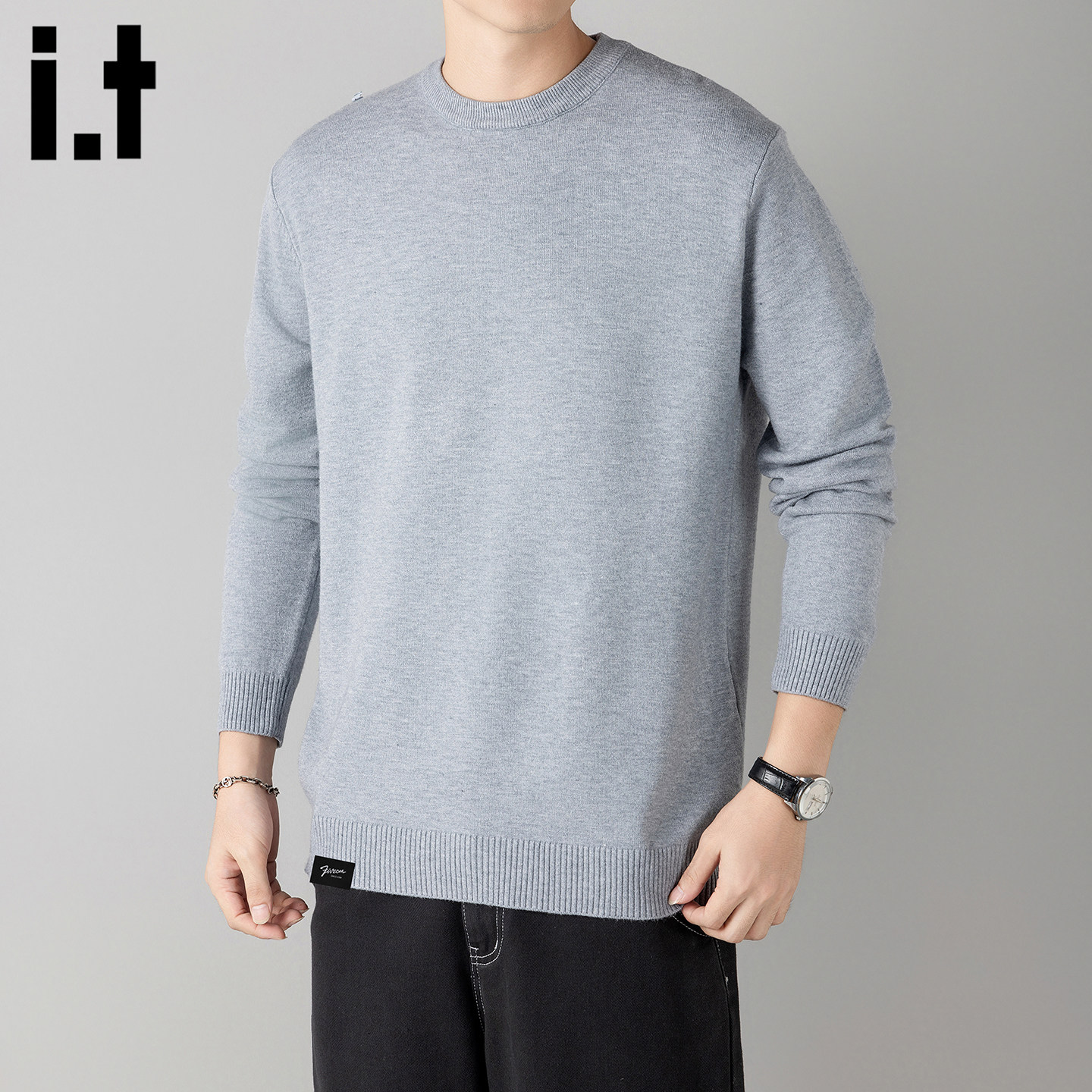 it :5cm/FIVECM灰色薄款圆领男士长袖毛衣2026春男款宽松针织上衣