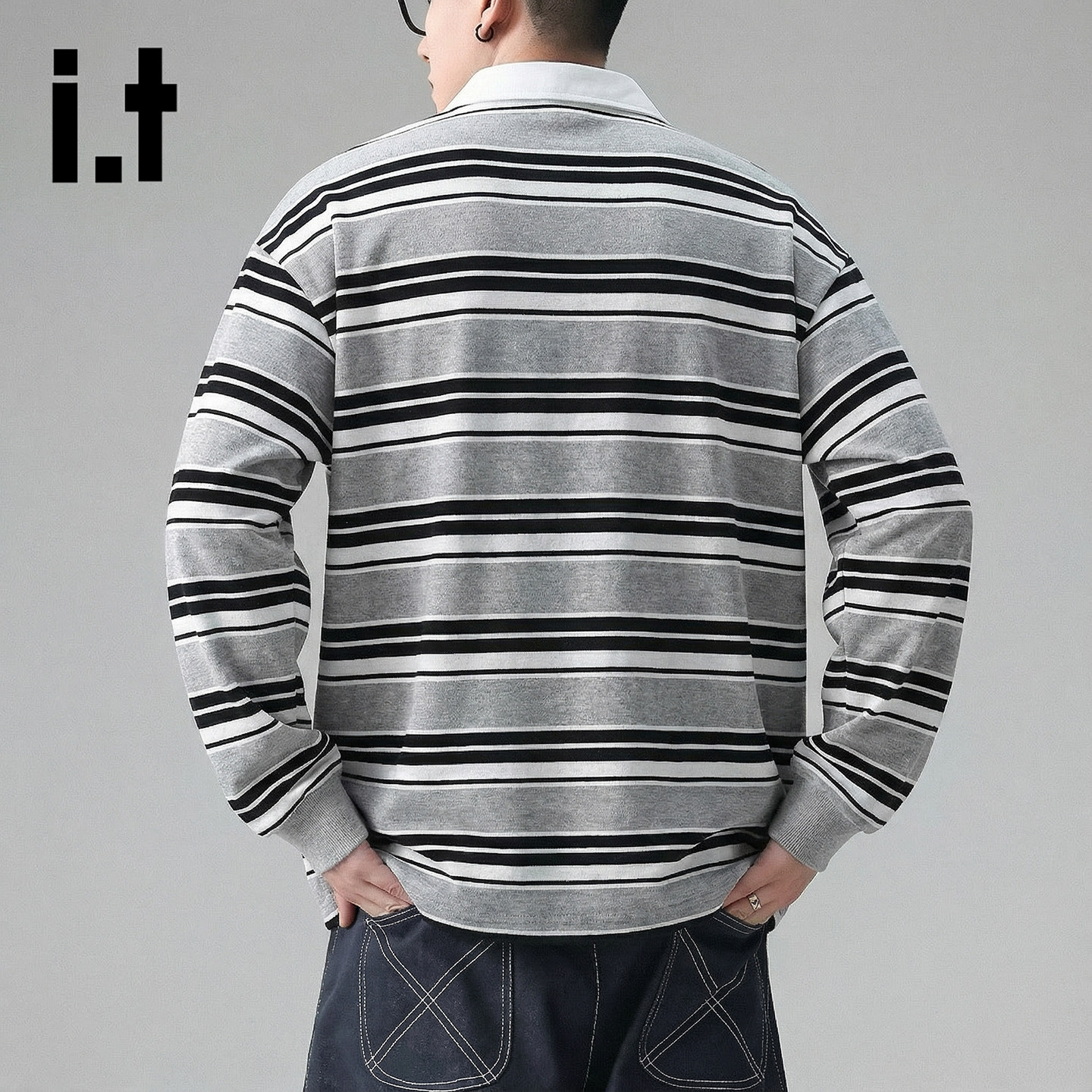 it :5cm/FIVECM国潮条纹长袖POLO衫男设计感小众撞色套头翻领卫衣