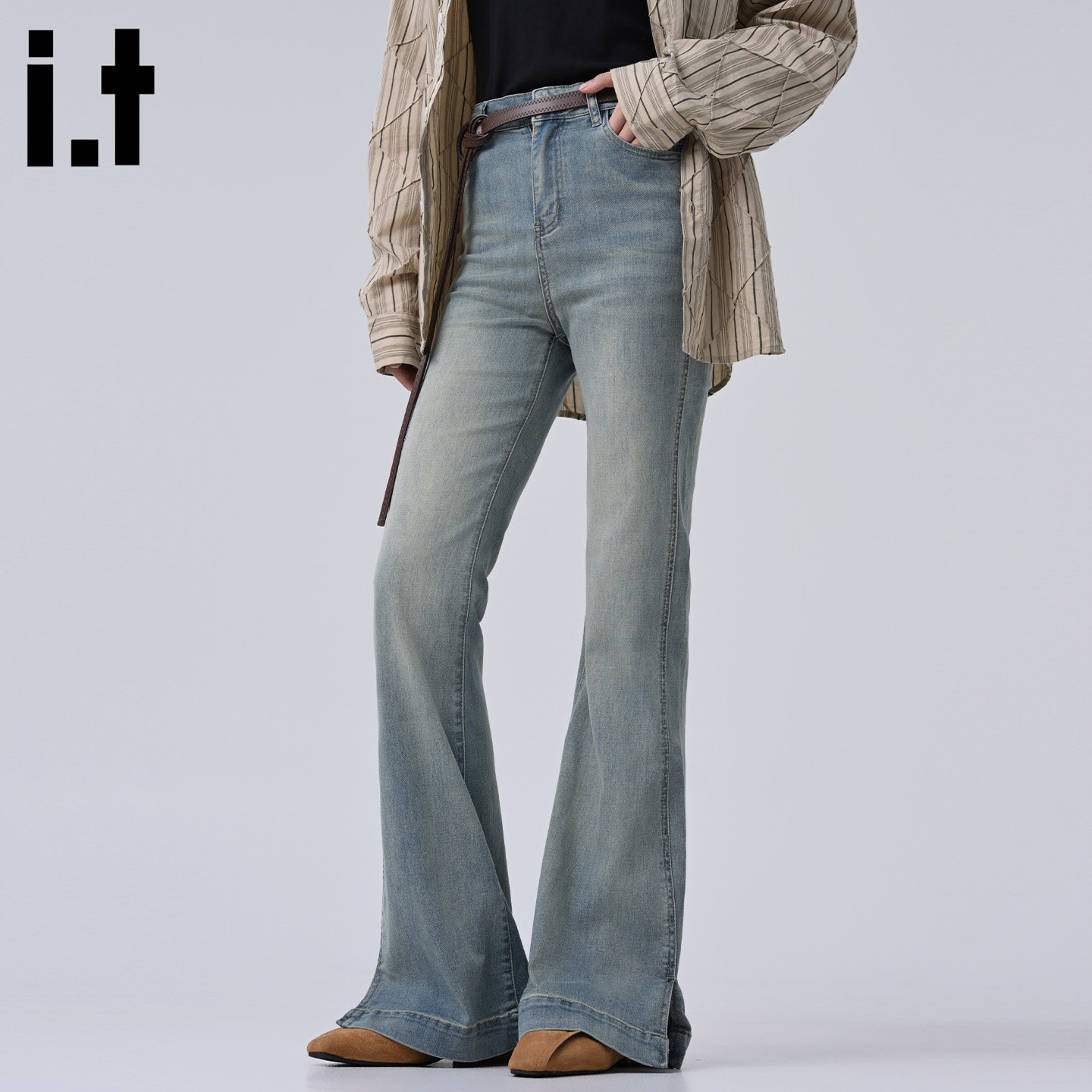 it :5cm/FIVECM浅色水洗做旧微喇牛仔裤女款2025新款秋季直筒长裤