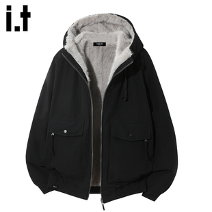it :5cm/FIVECM加绒毛毛连帽棉衣男士冬季加厚防寒高级感棉服外套
