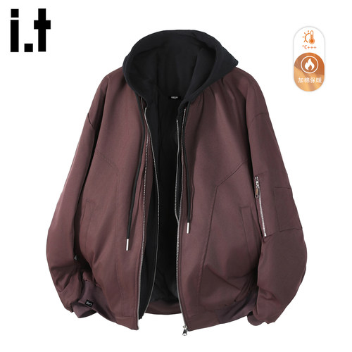 双拉链假两件连帽棉服男款