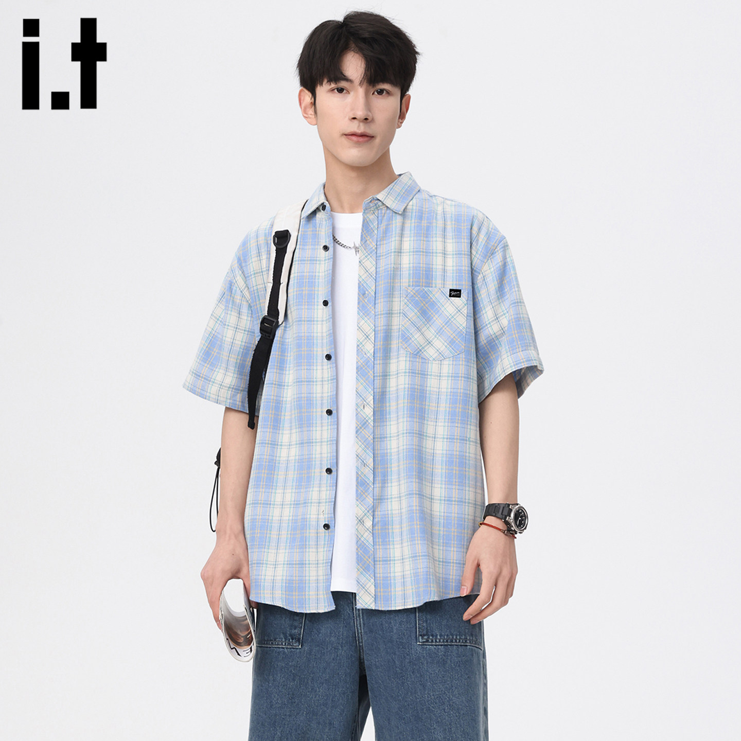 it :5cm/FIVECM男士短袖翻领蓝色格子衬衫2026夏季新款高级感上衣
