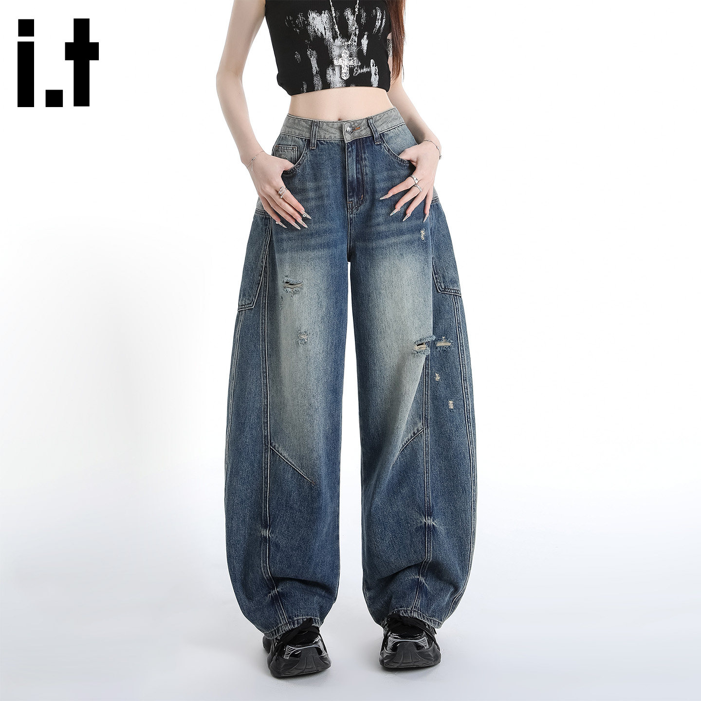 it:5cm/FIVECM复古破洞工装牛仔裤女夏薄款高腰宽松阔腿弯刀裤子Y