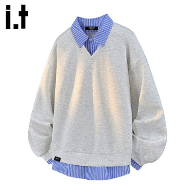 it :5cm/FIVECM假两件衬衫领卫衣男款秋季美式条纹拼接长袖Polo衫