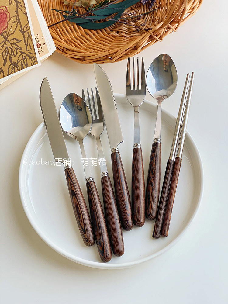 ins轻奢西餐餐具刀叉勺套装304韩式不锈钢餐具三件套筷子家用木质,餐饮具,西餐餐具套装,淘宝优惠券,粉丝福利购,淘宝优惠卷