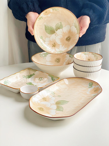 日式山茶花陶瓷圆形盘米饭碗家用菜盘鱼盘饺子盘牛肉拉面泡面碗