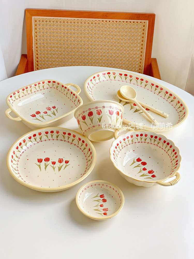法式奶油风餐具套装陶瓷郁金香家用米饭碗菜鱼盘调味碟焗饭高颜值,餐饮具,碗,淘宝优惠券,粉丝福利购,淘宝优惠卷