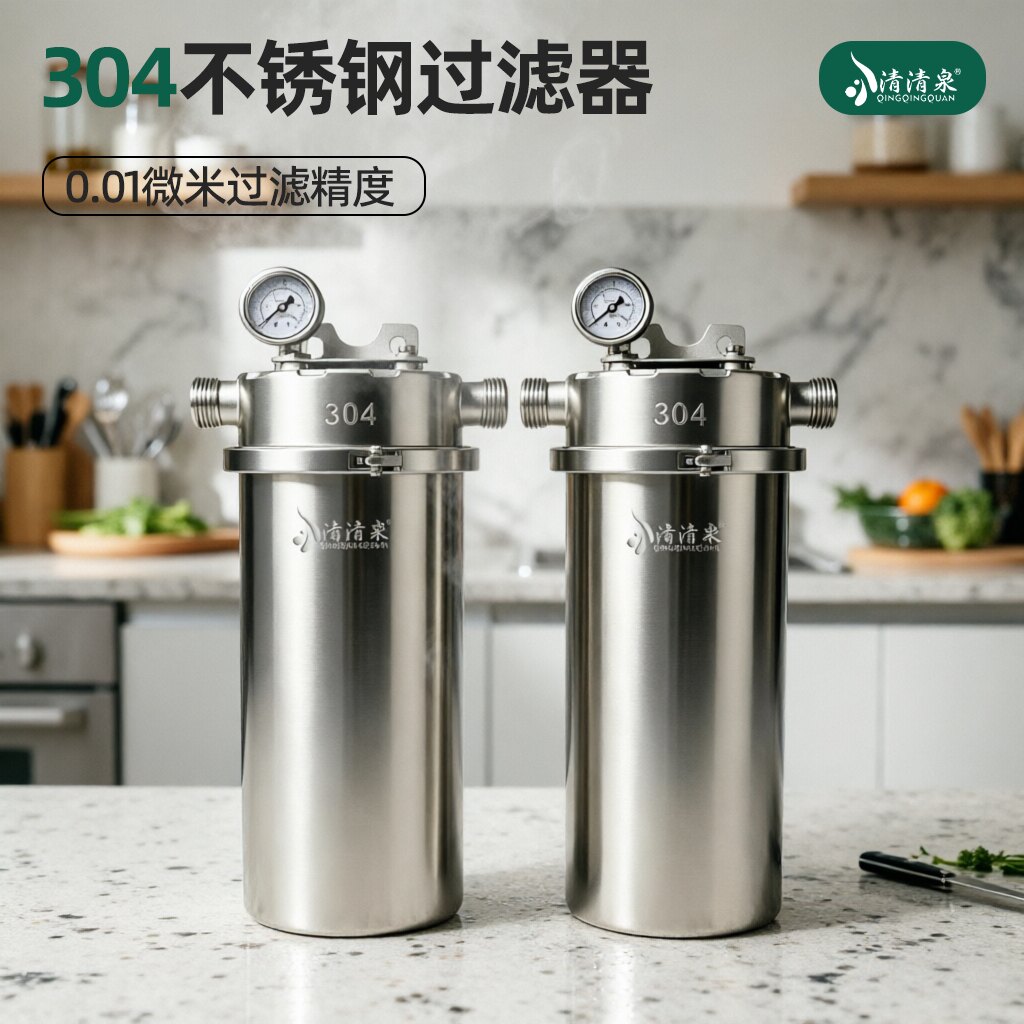 农村自来水前置过滤器家用大流量10寸双联304不锈钢大白瓶净水器 - 实物图