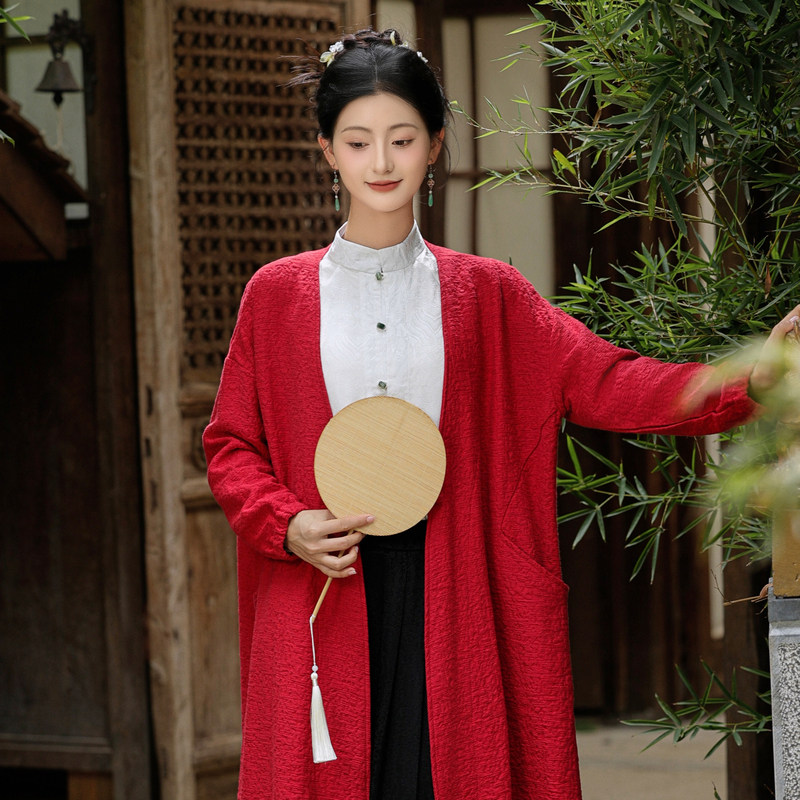 红色棉麻唐装披风中长款外套女遮屁股洋气开衫高级感春秋亚麻风衣