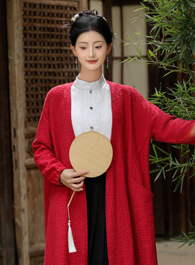红色棉麻唐装披风中长款外套女