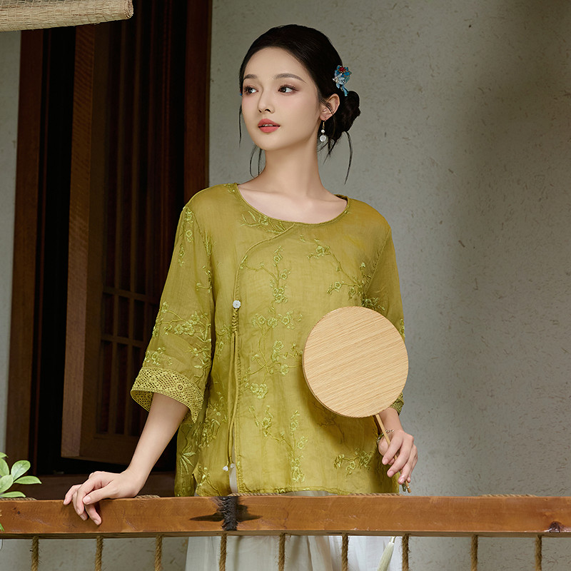 2026夏新中式苎麻汉服茶服套装图片