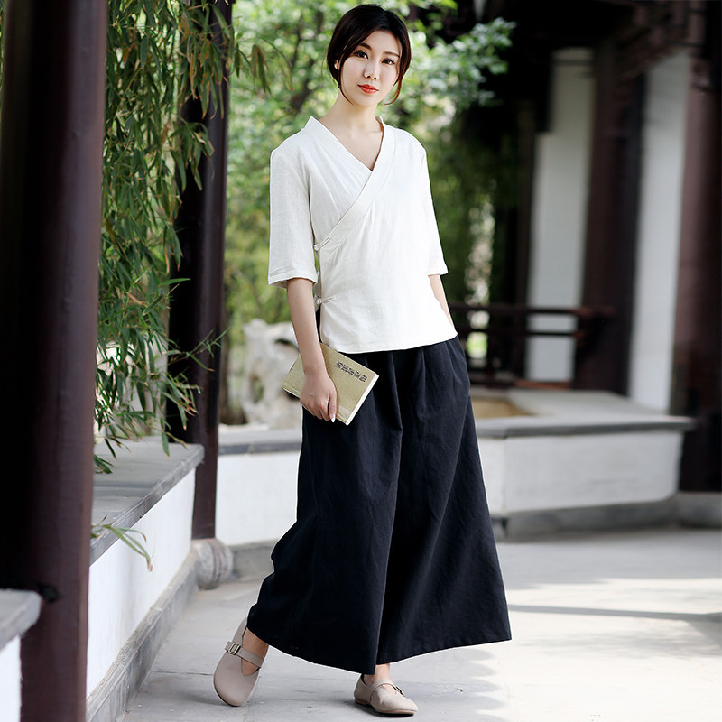 改良汉服唐装盘扣中式中国风女装茶服女夏禅意茶人服交领上衣禅服