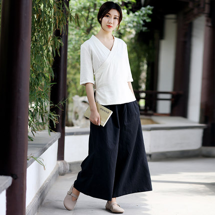 改良汉服唐装盘扣中式中国风女装茶服女夏禅意茶人服交领上衣禅服
