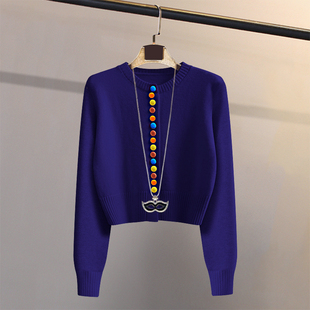 秋冬复古圆领外套针织衫开衫女短款彩扣毛衣外套宽松显瘦百搭上衣