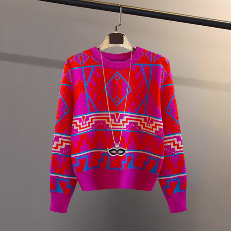 针织套头圆领打底几何撞色洋气