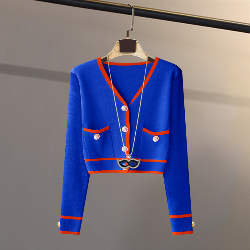 小香风撞色v领高腰外套针织开衫