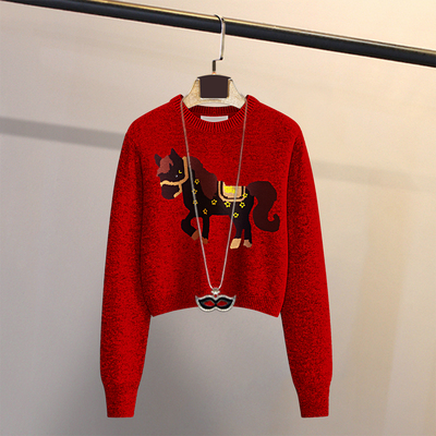韩系复古红刺绣卡通马圆领毛衣女