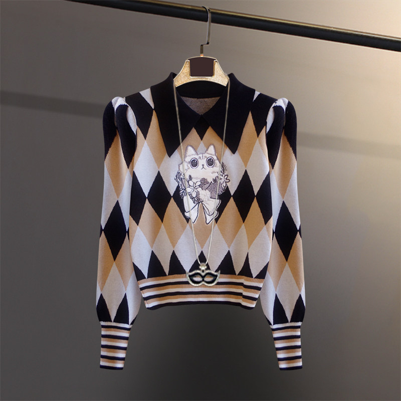 复古泡泡袖提花菱格娃领针织衫女秋冬显瘦卡通猫刺绣毛衣长袖上衣,女装/女士精品,毛针织衫,淘宝优惠券,粉丝福利购,淘宝优惠卷