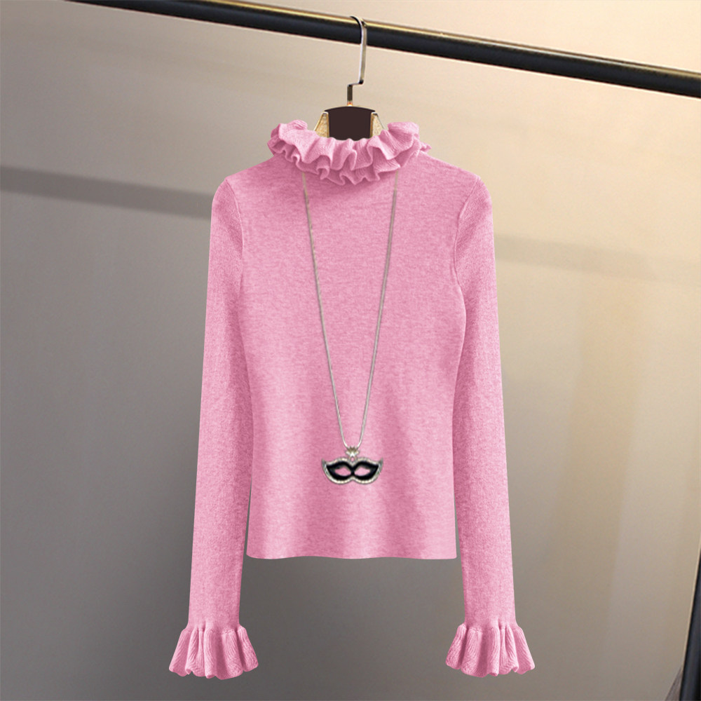 2025秋冬新款木耳边高领针织衫女长袖修身软糯毛衣打底衫堆领上衣