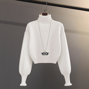 秋冬时尚厚款加绒保暖纯色高领毛衣针织衫百搭打底衫女灯笼袖上衣