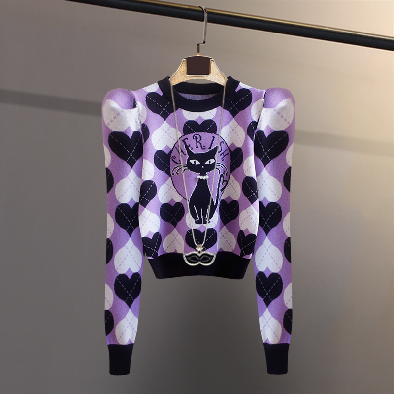 针织套头圆领卡通钉珠刺绣提花心