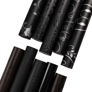 纯黑墙纸贴纸木纹壁纸桌面柜子家具黑色膜鱼缸背景黑色贴纸自粘