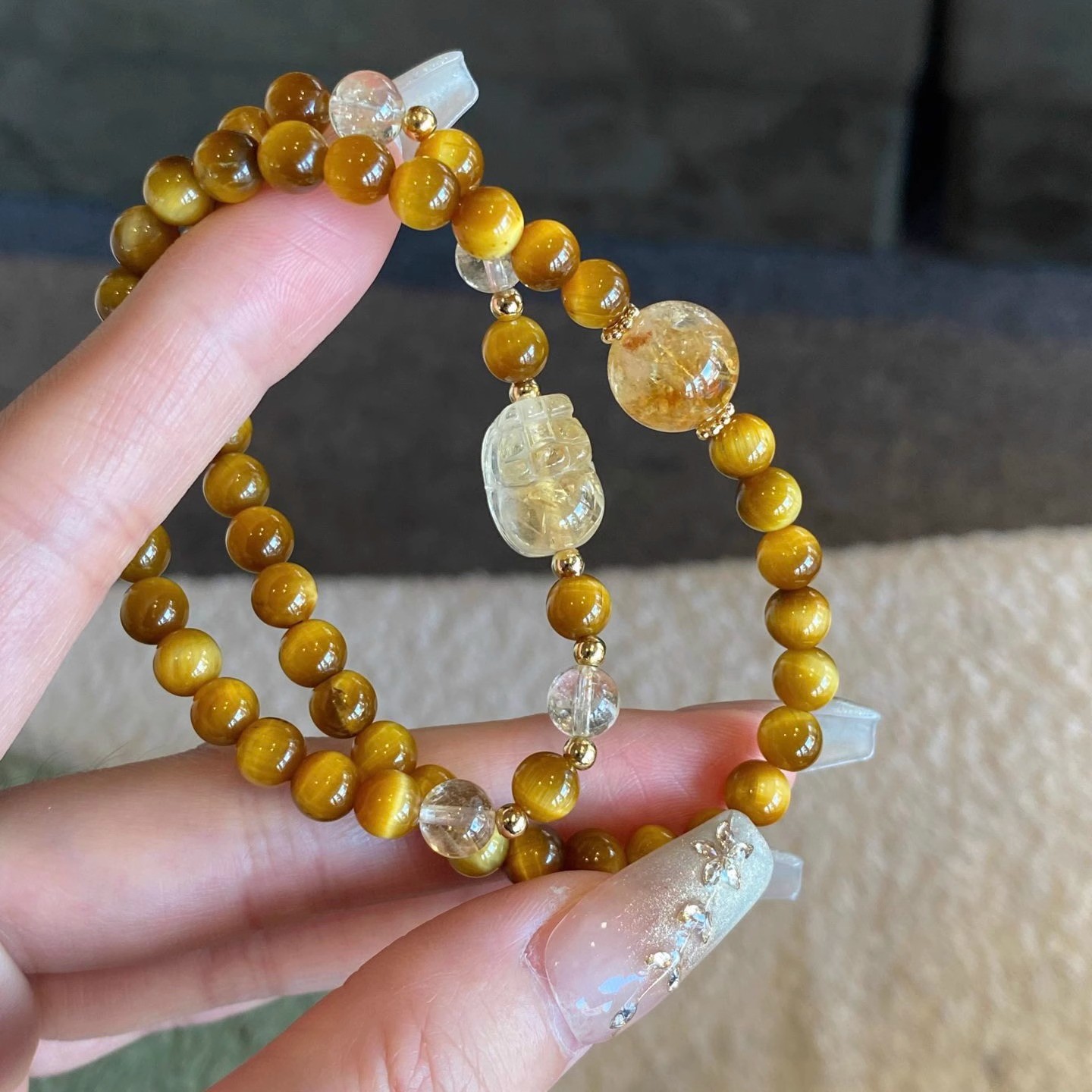 进口天然黄水晶手串貔貅转运黄阿塞金虎眼双圈手链小众设计感