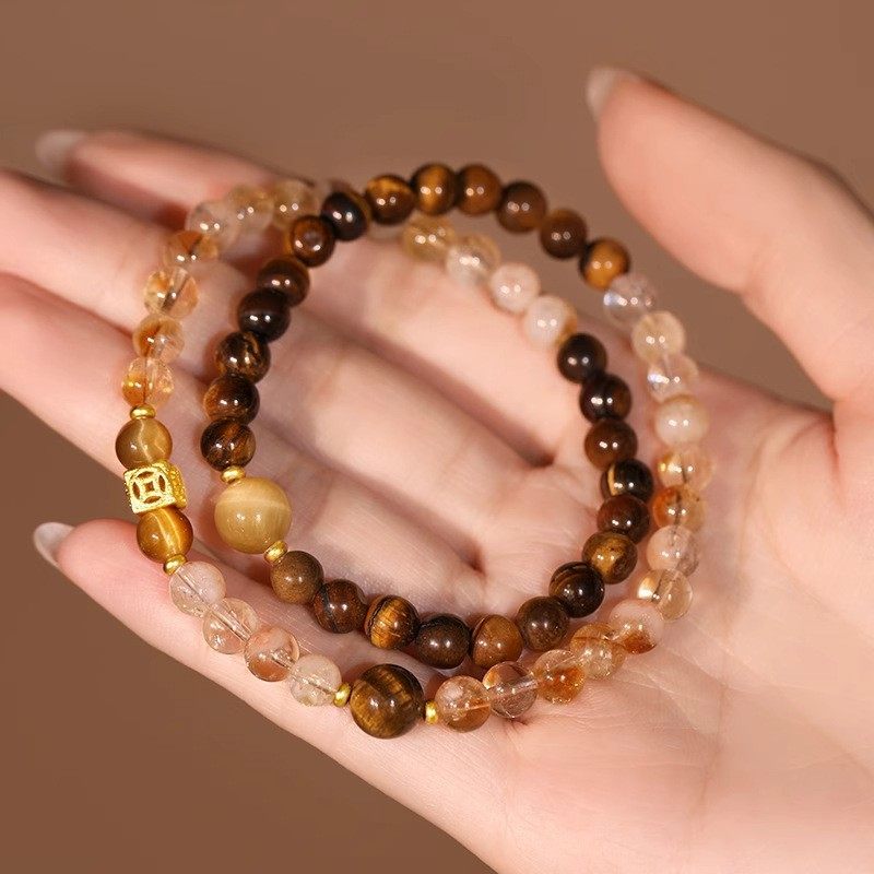 进口双层黄塔晶手链金色虎眼石双圈串珠手串新中式方块铜钱黄水晶