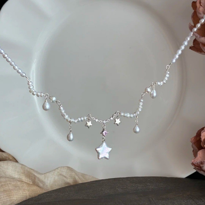进口闪亮的星星 新款轻奢手作仿巴洛克珍珠串珠项链小众优雅锁骨