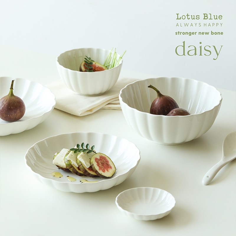 进口菊花边白色简约餐具家用碗碟陶瓷碗盘汤碗米饭碗菜盘子