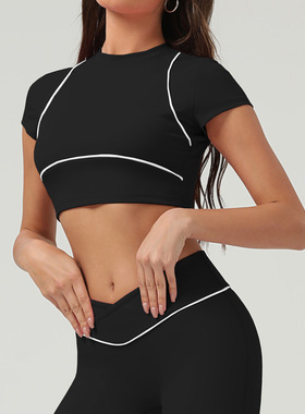 速干运动上衣女短袖跑步夏季训练健身T恤撞色露脐瑜伽服上衣背心