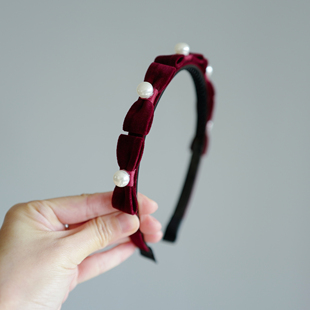 新年复古酒红丝绒蝴蝶结儿童有齿发箍女珍珠高颅顶显脸小气质头箍